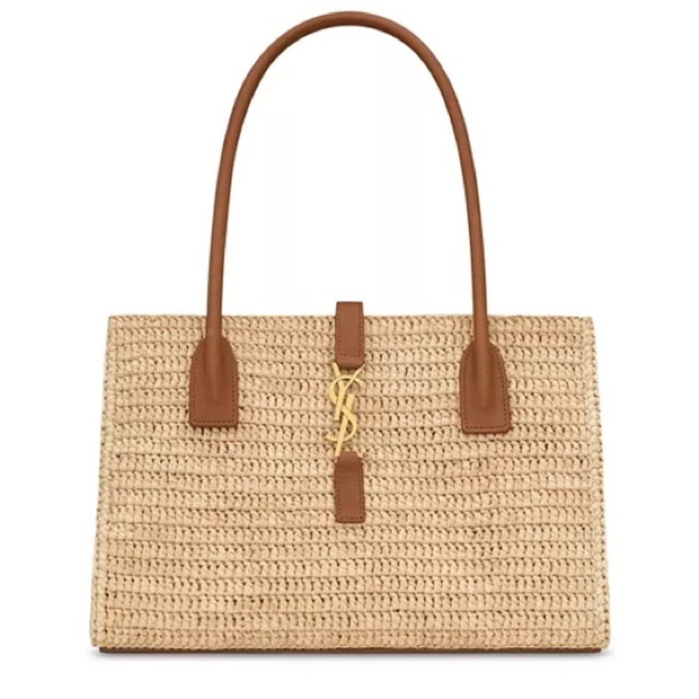 Saint Laurent 2024 Panier Leather-Trimmed Raffia Tote Bag Cassandra closure
